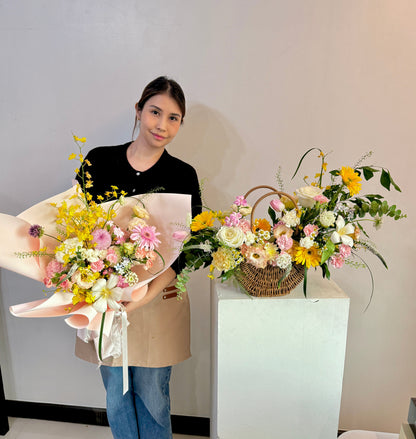 🌸 BEST SELLER Bundle Class 2 (Fresh): Korean Style Bouquet + Large Basket Arrangement