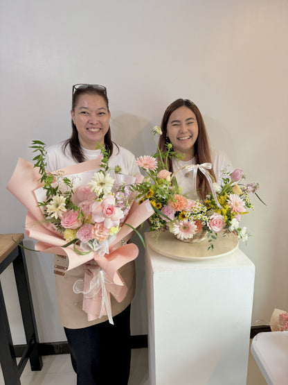 BEST SELLER Bundle Class 2 (Fresh): Korean Style Bouquet + Large Basket Arrangement